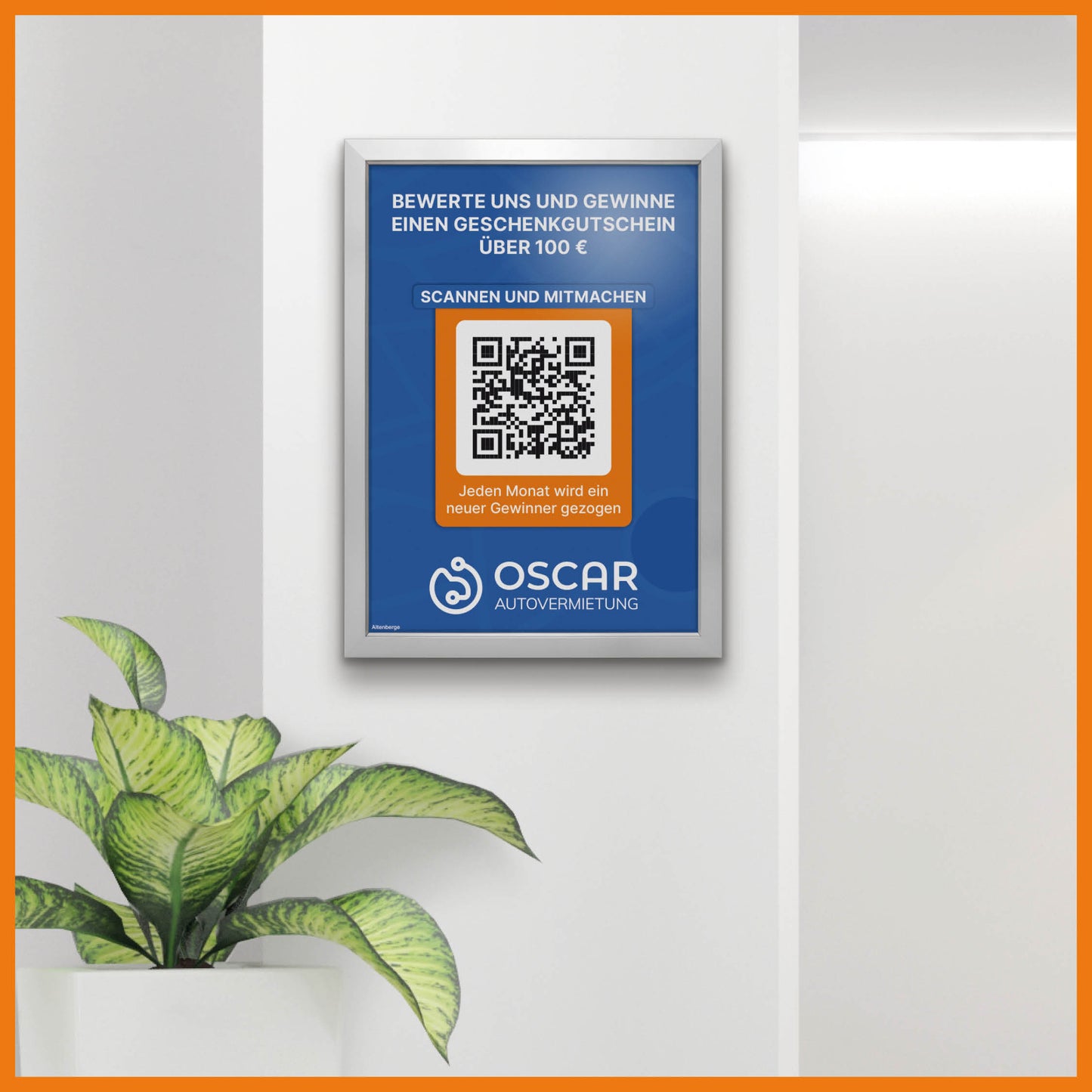 Schild "Bewerte uns" mit QR-Code