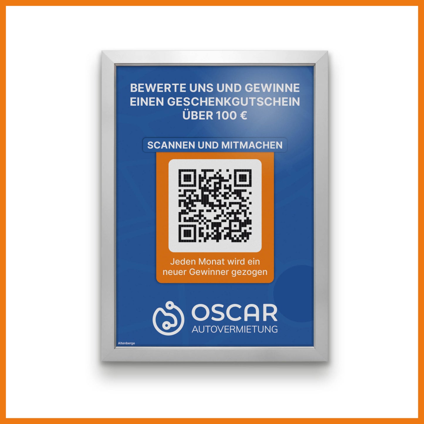Schild "Bewerte uns" mit QR-Code